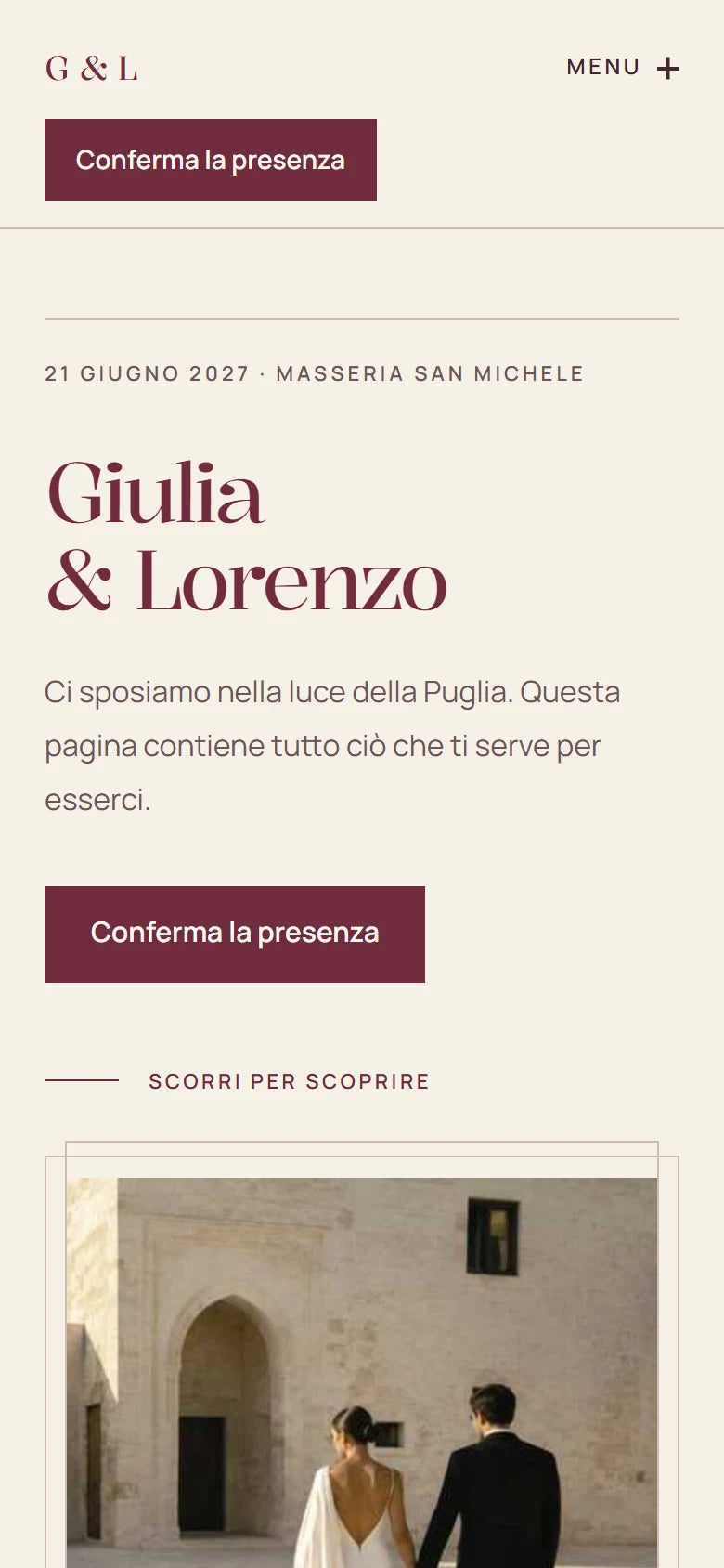 Demo Carta: crema e vino, titolo editoriale con i nomi di Giulia e Lorenzo e fotografia in una masseria.