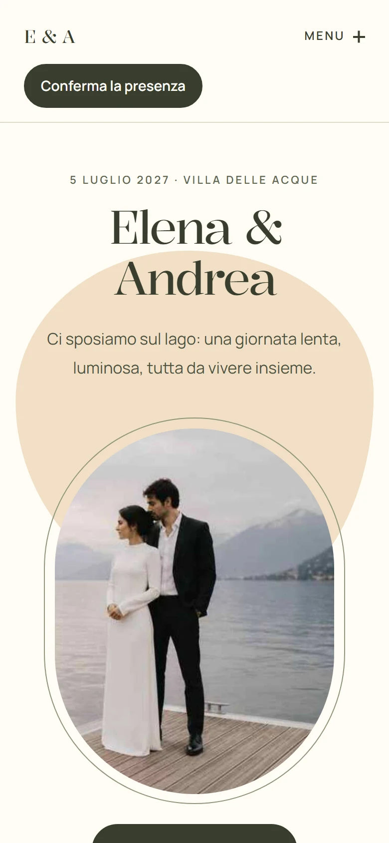 Demo Luce: fondo caldo e luminoso, nomi di Elena e Andrea e fotografia con ritaglio morbido sul lago.